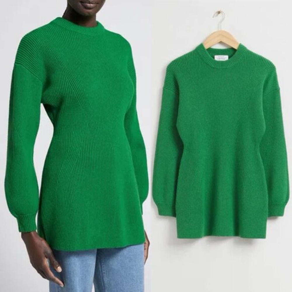 & Other Stories Green Ribbed Hourglass Tunic Sweater Size S